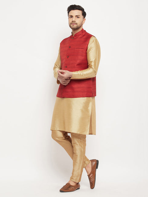 Vastramay Men's Maroon Matka Silk Nehru Jacket With Rose Gold Silk Blend Kurta and Pant style Pyjama Set